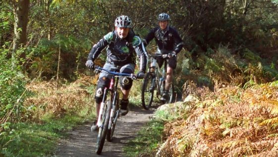 Two mountain bikers riding down a path