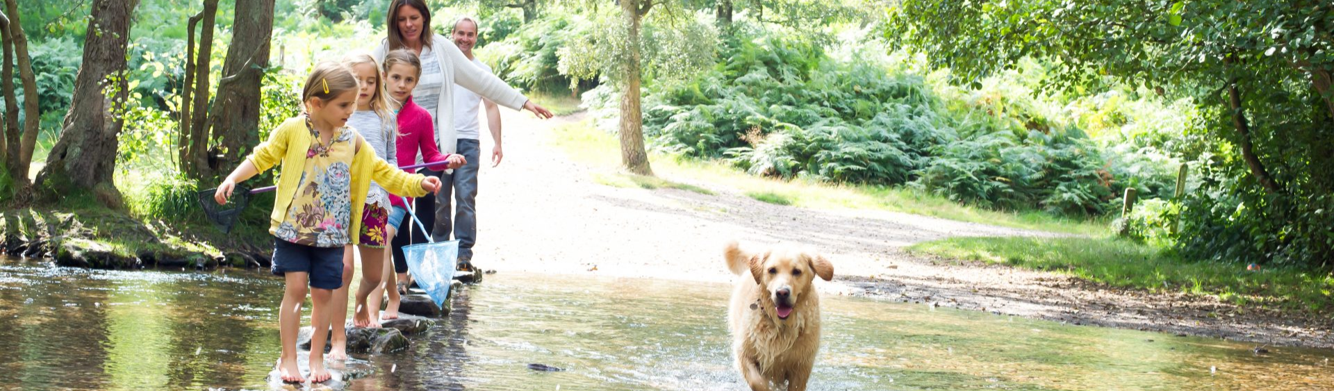 Family with dog at the stepping stones